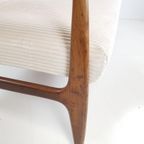 Vintage Teak Houten Bank Nieuw Gestoffeerd Crème Rib thumbnail 6