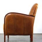 Luxe Rundleren Artdeco Design Armchair Met Houten Armleuningen En Cognac Kleur Leer thumbnail 6