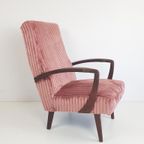 Vintage Teakhouten Fauteuil Roze Rib Nieuw Gestoffeerd thumbnail 11