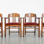 Set Van 4 Art Nouveau/ Jugendstil Design Schuitema Eetkamerstoelen Met Rode Stoffen Bekleding thumbnail 3