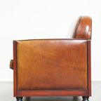 Unieke En Complete Set Van Twee Cognac Kleurige, Schapenleren Art Deco Fauteuils En Bank thumbnail 6