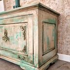 Shabby Chic Kast/Vintage Look Dekenkist In Old White En Turquoise thumbnail 9