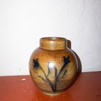 Stoneware Flower Vase * Vintage Brown Pottery Vase With Hand-Painted Blue Floral Design thumbnail 7