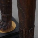 Set Van 2 Prachtige Unieke Handgesneden Antieke Houten Staande Lampen Met Leeuwenkoppen thumbnail 10