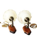 Vintage Wandlamp Hout, Brons Met Beschilderde Opaline Glazen Kap, Jaren '70 thumbnail 2