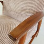 Vintage Fauteuil Roze | Roze Ribstof Nieuw Gestoffeerd Teak thumbnail 9