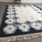Handgeweven Scandinavisch Wollen Röllakan Vloerkleed Blauw Grijs Crème thumbnail 4