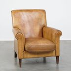 Comfortabele En Stijlvolle Vintage Schapenleren Fauteuil/armchair Met Rechte Vormen thumbnail 8