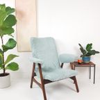 Vintage Fauteuil Teakhout Licht Blauwe Ribstof Nieuw thumbnail 12