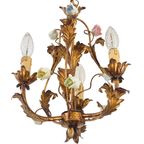 Vintage Italiaanse Roosjes Porselein Kroonluchter Goud Verguld Barok Rococco Jaren 50 thumbnail 9