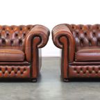 Leuke Set Van 2 Bruine Rundleren Chesterfield Fauteuils Met Een Geweldige Uitstraling thumbnail 2