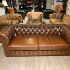 Engelse Winchester Chesterfield 3 Zits Bank In Antiek Bruin Leer thumbnail 4