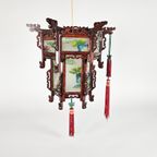 Chinese Lantaarn Chandelier - Rozen Hout - Gedecoreerd Glas - 2E Helft 20E Eeuw thumbnail 3