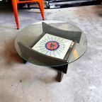Vintage Ronde Salontafel Met Glas & Hout & Tegels thumbnail 6