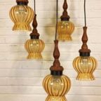 Vintage Grote Cascade Hanglamp Met 5 Glas En Hout Lampen thumbnail 3