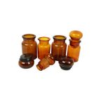 Set Van 4 Oude Apotheker Medische Flessen Potten Bruin Amber Glas thumbnail 6