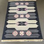 Vintage Zweedse Wollen Rollakan Blauw Met Roze Geometrische Patronen thumbnail 7