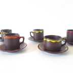 5 Vintage Kop En Schotels Keramiek Met Druipglazuur Retro Servies Jaren 70 Koffie Kopjes thumbnail 2