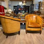 2 X Vintage Schaapsleder Club Fauteuils Camel Cognac Leer thumbnail 4