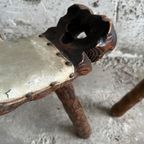 Mid-Century 3-Legged Stool With Backrest In Wood With Black-Brown Cowhide Seat, 1950S thumbnail 5