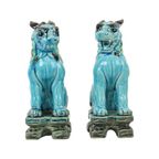 Koppel Vintage Chinese Komainu Guardian Lions Foo Dogs Blauw Aardewerk 20Cm thumbnail 2