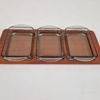 Vintage Digsmed Deense Teak Tray 3 Glazen Schaal Snack Set thumbnail 3