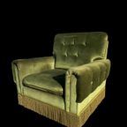 Vintage Set Van Twee Fauteuils Fluweel Groen ‘Nieuw Staat’. thumbnail 2