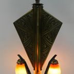 Messing Art Deco Hanglamp Met 5 "Pates De Verre" Kappen thumbnail 28