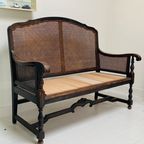 Vintage Antiek Houten Bankje Met Gevlochten Rugleuning thumbnail 2