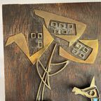 Jaren 60 70 Vintage Brutalist Wanddecoratie, Abstract Hert / Ree In Koper Met Emaille Op Hout. 3D thumbnail 8