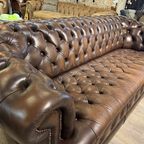 Engelse Chesterfield 3 Zits Bank Buttonseat Antiek Bruin Leer thumbnail 3