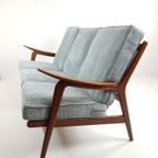 Vintage Teakhouten Bank 3 Zits Licht Blauw Ribstof Teak Hout thumbnail 9