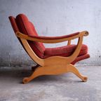 Pair Of Red Fabric And Wooden Club Chairs With Soft Lined Design. thumbnail 12