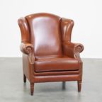 Correcte, Comfortabele, Luxe Engelse Stijl Oorfauteuil Gemaakt Van Cognac Kleurig Rundleer thumbnail 2