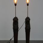 Set Van 2 Prachtige Unieke Handgesneden Antieke Houten Staande Lampen Met Leeuwenkoppen thumbnail 3