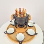 Vintage Fonduepan Set Nissen Gietijzer Hout Zweden '60 Nos thumbnail 2