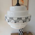 Vintage Art Deco Pendant Lamp – Opal Glass, Geometric Pattern thumbnail 4