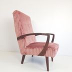 Vintage Teakhouten Fauteuil Roze Rib Nieuw Gestoffeerd thumbnail 3