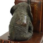 Vintage Koppel Boekensteunen Olifant Gepatineerd Brons Hout Leder thumbnail 3