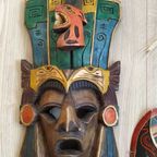 Set Van 2 Handgemaakte Bohemian Houten Maskers Kleurrijk Wanddecoratie Bali thumbnail 3
