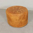 Vintage Leren Cognac Poef Ottoman, Rond thumbnail 3