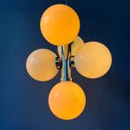 Jaren '70 Spoetnik Kroonluchter - Chroom Space Age Hanglamp - Opaline Glas Lichtpunt thumbnail 4