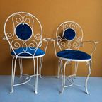 Brocante Vintage Smeedijzeren Set Stoelen Met Blauw Velours thumbnail 3