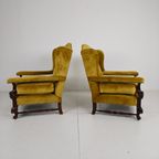 Paar 19e-eeuwse Gesneden Notenhouten Fauteuils – Bloemmotieven – Fluwelen Bekleding thumbnail 3