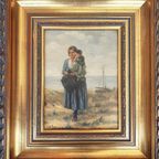 2 X Mother And Child In The Dunes, Signed / J. De Zon (lower Left ) / Oil On Wood thumbnail 2
