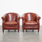 Set Van 2 Mooie Cognac-kleurige Rundleren Clubfauteuils Correct Afgewerkt Met Siernagels thumbnail 5