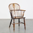 Antieke Engelse Houten Windsor Eetkamer/ Bijzetstoel Met Een Mooie Kleurencombinatie En Patina thumbnail 6