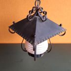 Vintage Hanglamp, Lantaarntje, Smeedijzer En Gestreept Glas thumbnail 5
