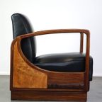 Unieke Cognac Kleurige Rundleren Artdeco Design Fauteuil Gecombineerd Met Hout thumbnail 4