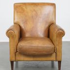 Comfortabele En Stijlvolle Vintage Schapenleren Fauteuil/armchair Met Rechte Vormen thumbnail 9